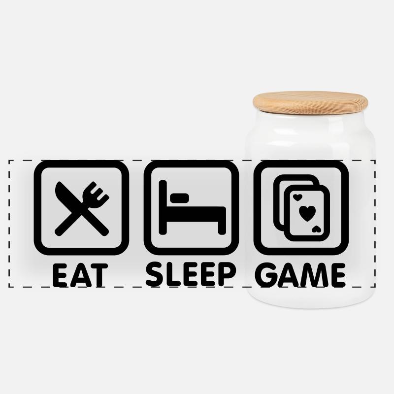 Eat - Sleep - Poker Game - Panoramic Cookie Jar with Wooden Lid - white
