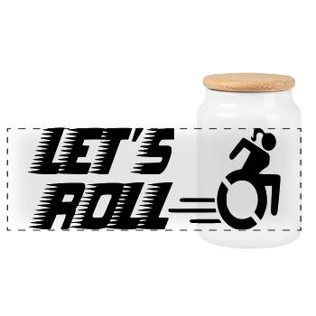Let's roll with a wheelchair lady/woman* - Panoramic Cookie Jar with Wooden Lid - white - Front