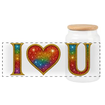 Je t'aime | Motif cœur arc-en-ciel pailleté - Boîte à biscuits avec couvercle en bois - blanc - Devant