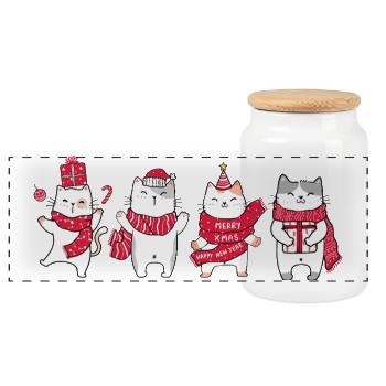Chat à Noël - Boîte à biscuits avec couvercle en bois - blanc - Devant