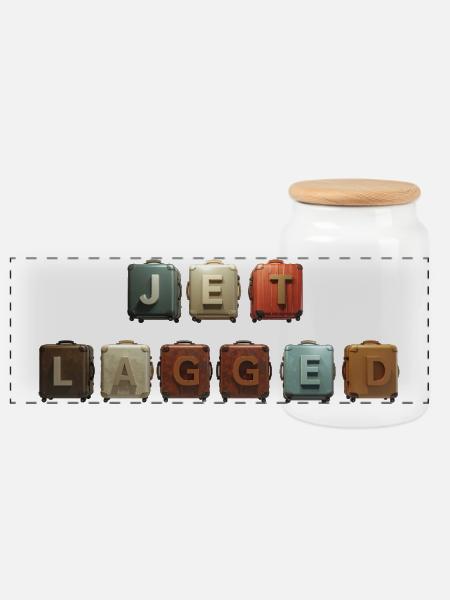 JET LAGGED – suitcase in the air - Panoramic Cookie Jar with Wooden Lid - white
