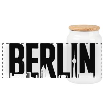 Berliner Skyline-Silhouette - Panorama Keksdose mit Holzdeckel - Weiß - Vorne