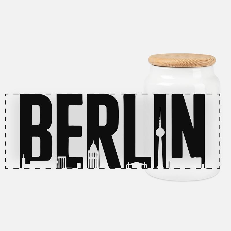 Berliner Skyline-Silhouette - Panorama Keksdose mit Holzdeckel - Weiß