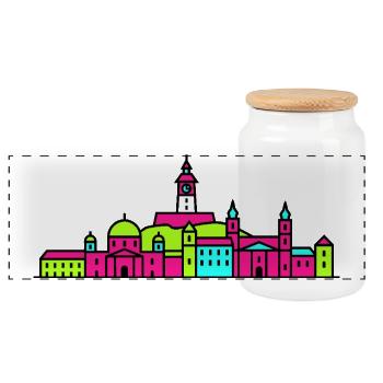 Graz City Skyline Clock Tower Modern Line Art - Panoramic Cookie Jar with Wooden Lid - white - Front