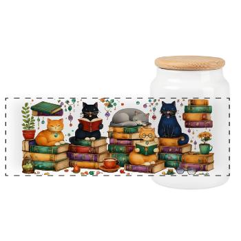 Lesende Katzen mit Bücherstapeln - Panorama Keksdose mit Holzdeckel - Weiß - Vorne