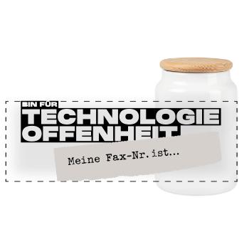 Bin für Technologieoffenheit – Meine Fax-Nr. ist… - Panorama Keksdose mit Holzdeckel - Weiß - Vorne