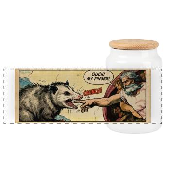 Opossum Beats God's Hand Funny Opossum Meme - Panoramic Cookie Jar with Wooden Lid - white - Front
