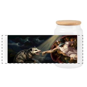 Opossum Beats God's Hand Funny Opossum Meme - Panoramic Cookie Jar with Wooden Lid - white - Front