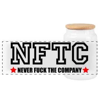 NEVER FUCK THE COMPANY | NFTC - Panoramic Cookie Jar with Wooden Lid - white - Front