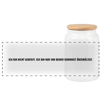 arrogant, proud, courageous, honest, free, , stupid - Panoramic Cookie Jar with Wooden Lid - white - Front