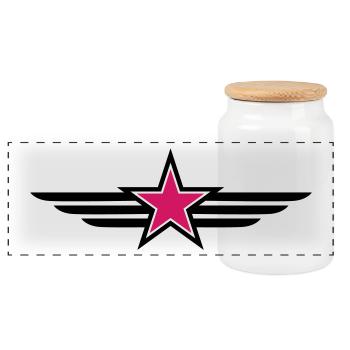 sharp red star black outline with 'wings' - Panoramic Cookie Jar with Wooden Lid - white - Front