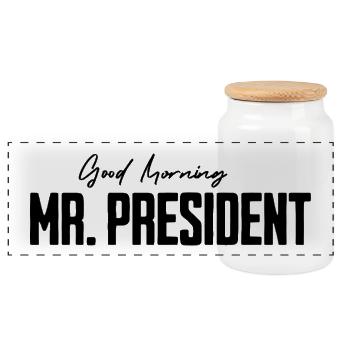Good Morning Mr. President Funny Gifts Man - Panoramic Cookie Jar with Wooden Lid - white - Front