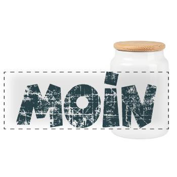 Moin (Vintage Dunkelblau) Guten Morgen Gruß - Panorama Keksdose mit Holzdeckel - Weiß - Vorne