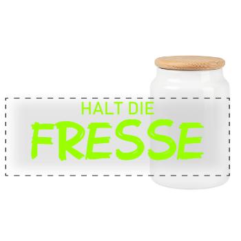Halt die Fresse - Cooler Spruch - Panorama Keksdose mit Holzdeckel - Weiß - Vorne