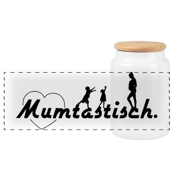 Mum-tastisch - Spruch Schwarz - Panorama Keksdose mit Holzdeckel - Weiß - Vorne