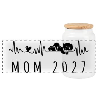 Zukünftige Mama 2027 Heartbeat-Schwangerschaftsankündigung - Panorama Keksdose mit Holzdeckel - Weiß - Vorne