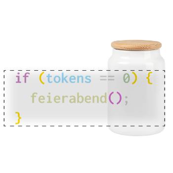 if (tokens == 0) feierabend(); – KI Feierabend - Panorama Keksdose mit Holzdeckel - Weiß - Vorne