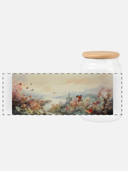 Landschaft mit Schmetterling - Panorama Keksdose mit Holzdeckel - Weiß