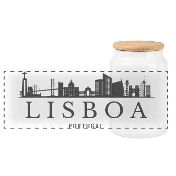 Lisbon skyline, Lisbon urban art - Panoramic Cookie Jar with Wooden Lid - white - Front
