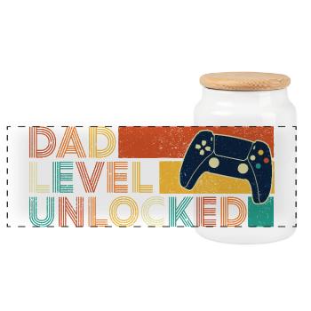 Dad Level Unlocked Gamer Father Humor - Panoramic Cookie Jar with Wooden Lid - white - Front