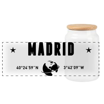 Madrid Spain Coordinates Planet Earth - Panoramic Cookie Jar with Wooden Lid - white - Front