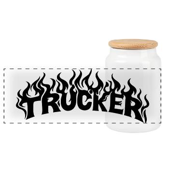Trucker Schriftzug Flammen - Farbe veränderbar - Panorama Keksdose mit Holzdeckel - Weiß - Vorne