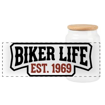 Biker Life lettering logo - Panoramic Cookie Jar with Wooden Lid - white - Front
