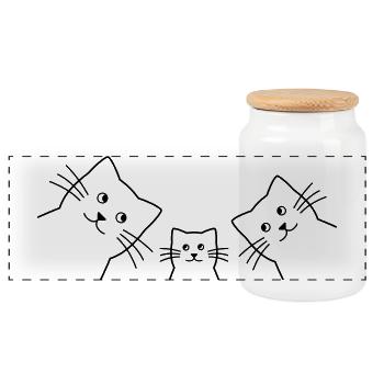 Cat family cats - Panoramic Cookie Jar with Wooden Lid - white - Front