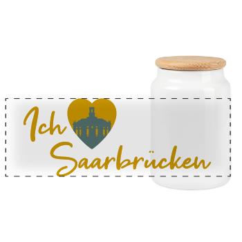 Ich liebe Saarbrücken - Schriftzug - Panorama Keksdose mit Holzdeckel - Weiß - Vorne