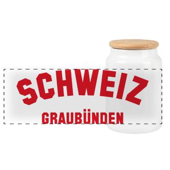 GRAUBÜNDEN Schweiz Switzerland - Panoramic Cookie Jar with Wooden Lid - white - Front