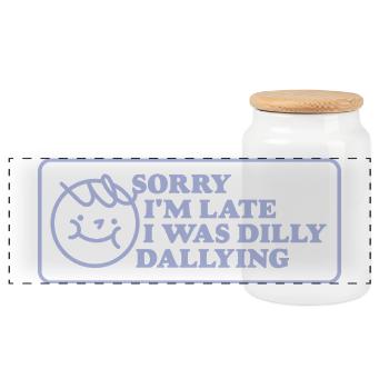 Sorry I'm Late – Funny Retro Sign - Panoramic Cookie Jar with Wooden Lid - white - Front