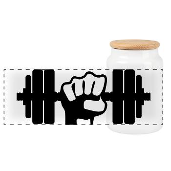Weight Dumbbell - Panoramic Cookie Jar with Wooden Lid - white - Front