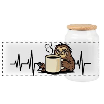 Paresseux douillet avec une tasse de café - Boîte à biscuits avec couvercle en bois - blanc - Devant