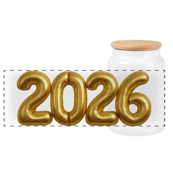 Golden 2026 Year Balloons - Panoramic Cookie Jar with Wooden Lid - white - Front
