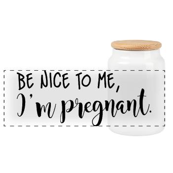Be nice to me, I'm pregnant (schwarze Schrift) - Panorama Keksdose mit Holzdeckel - Weiß - Vorne