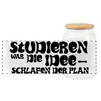 Studieren war die Idee – Schlafen der Plan - Panorama Keksdose mit Holzdeckel - Weiß - Vorne