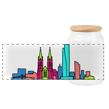 Basel City Skyline Roche Tower Modern Art - Panoramic Cookie Jar with Wooden Lid - white - Front