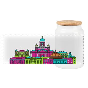 Helsinki City Skyline Kathedrale Moderne Linienkunst - Panorama Keksdose mit Holzdeckel - Weiß - Vorne