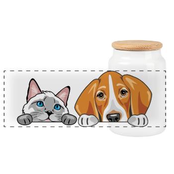 Peeking_Siamese_cat_and_Foxhound_dog - Panorama Keksdose mit Holzdeckel - Weiß - Vorne