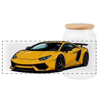 Yellow Supercar Speedster - Panoramic Cookie Jar with Wooden Lid - white - Front