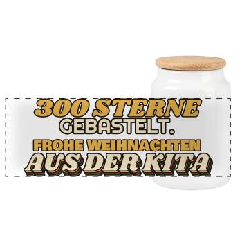 300 Sterne gebastelt - Frohe Weihnachten Kita - Panorama Keksdose mit Holzdeckel - Weiß - Vorne