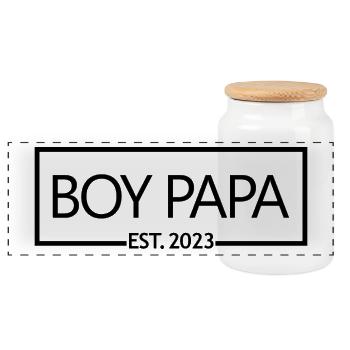 Boy Papa Est. 2023 Baby Shower Pregnancy Reveal - Panoramic Cookie Jar with Wooden Lid - white - Front