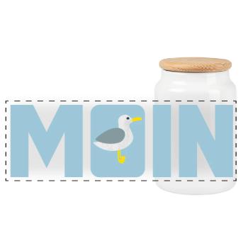 Moin Möwe Meer norddeutsch plattdeutsch Küste Fan - Panorama Keksdose mit Holzdeckel - Weiß - Vorne