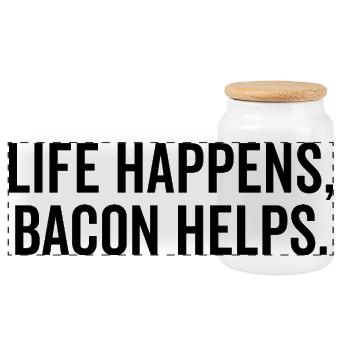 Life Happens Bacon Helps - Panoramic Cookie Jar with Wooden Lid - white - Front