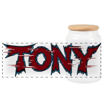 Tony Serrated Neon Logo - Panoramic Cookie Jar with Wooden Lid - white - Front