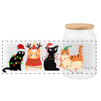 Chat à Noël - Boîte à biscuits avec couvercle en bois - blanc - Devant