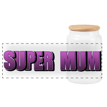 Schriftzug Super Mum für die beste Mutter - Panorama Keksdose mit Holzdeckel - Weiß - Vorne
