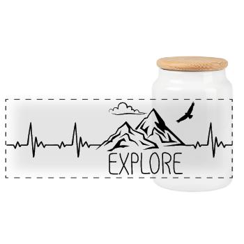 Explore Mountain Mountain Heartbeat Frequency Pulse ECG - Panoramic Cookie Jar with Wooden Lid - white - Front