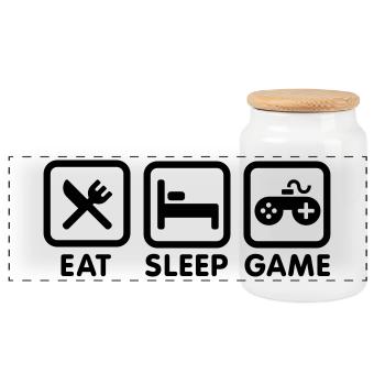 Eat sleep game - Panoramic Cookie Jar with Wooden Lid - white - Front