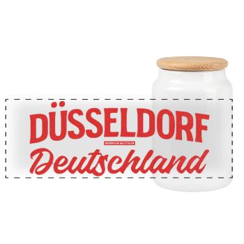 Düsseldorf Deutschland Retro Schriftlogo - Panorama Keksdose mit Holzdeckel - Weiß - Vorne